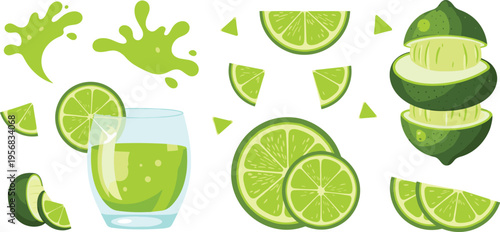 Lime Juice Vector Set with Fresh Citrus Slices, Glass Drink, Splashes and Cut Pieces for Refreshing Beverage Illustration and Organic Ingredient Design