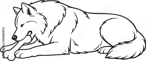 Alaskan Malamute Chewing Bone Lying Down Black and White Line Art Illustration