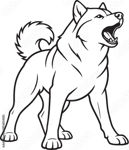 Alaskan Malamute Barking Alert Stance Black and White Line Art Illustration