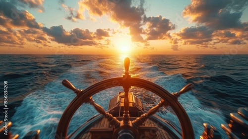 Wooden ship wheel on a boat deck cutting through deep blue ocean waves toward a glowing golden sunset with dramatic clouds, evoking calm adventurous freedom