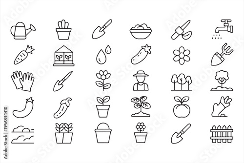 Garden Tools and Plant Growth Icons for Farming and Cultivation