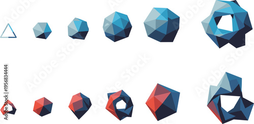 Low Poly Geometric Shape Evolution Vector Set with Abstract 3D Polygon Forms Crystal Objects and Modern Faceted Design Collection