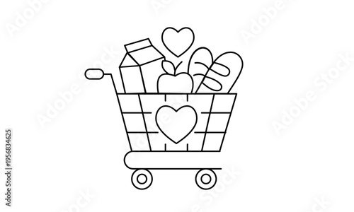 Shopping cart filled with healthy food bread apple milk and heart icon for charity or wellness. Editable stroke, Vector illustration, Line art Icon, Symbols.