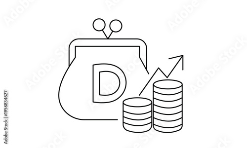 Digital wallet with coins and growth arrow representing financial success and money savings concept. Editable stroke, Vector illustration, Line art Icon, Symbols.