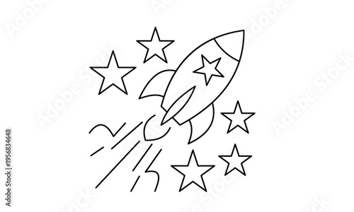 Rocket flying through stars representing startup launch success innovation and fast business growth. Editable stroke, Vector illustration, Line art Icon, Symbols.