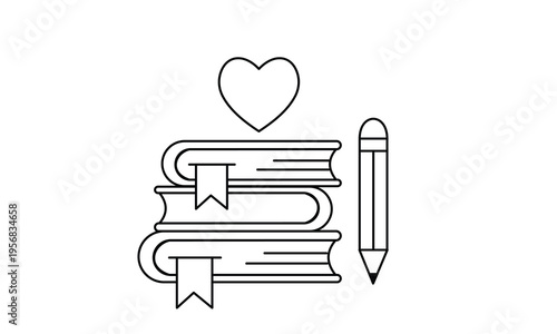 Stack of books with bookmarks pencil and heart icon representing love for reading and education. Editable stroke, Vector illustration, Line art Icon, Symbols.