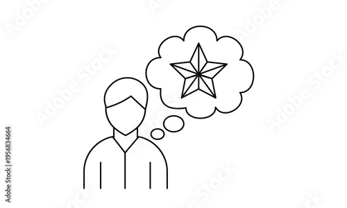 Person thinking about a star symbol representing customer review satisfaction and rating concept. Editable stroke, Vector illustration, Line art Icon, Symbols.