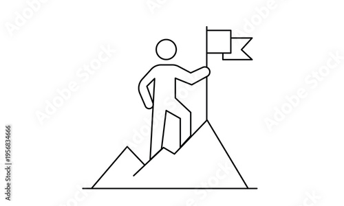 Person standing on mountain top holding flag representing success victory and goal achievement. Editable stroke. Line art Icon.Symbols.
