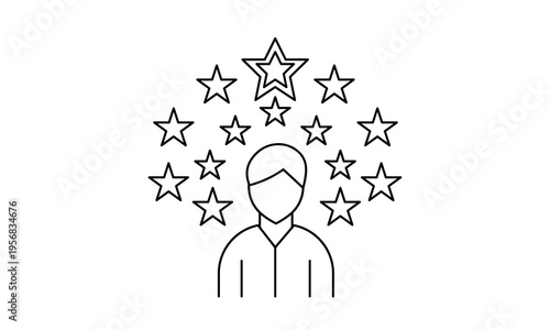 Person surrounded by many stars representing talent celebrity popularity and high reputation.Editable stroke, Vector illustration, Line art Icon, Symbols.