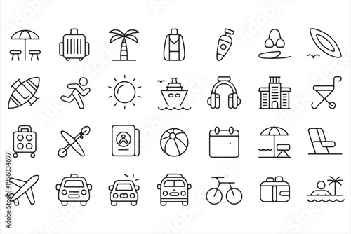 Tourism Line Icons Featuring Airplane Beach and Hotel Elements