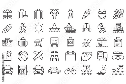 Summer Travel Icon Set with Beach Airplane and Resort Symbols