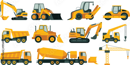 Construction heavy machinery vector illustration with excavators loaders dump trucks cranes rollers and engineering vehicles for building and industrial projects