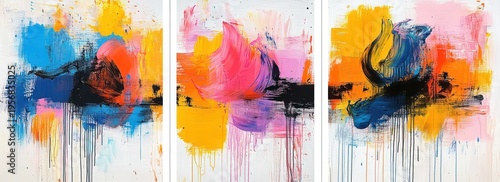 vibrant abstract triptych with bold blue pink yellow and orange brushstrokes, black accents and dripping paint conveying energetic expressive motion across three panels