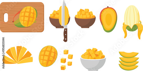 Mango Cutting and Preparation Set with Knife, Slices, Cubes, Peeled Fruit, and Fresh Ingredient Elements for Cooking Illustration, Kitchen Design, and Healthy Food Concepts