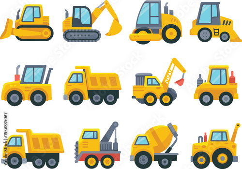 Construction vehicles vector illustration with excavators loaders dump trucks cranes mixers and heavy machinery equipment for building and engineering projects