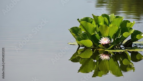 A serene water lily plant floats on the calm surface of a peaceful lake