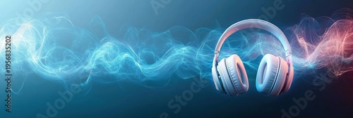 white over-ear headphones floating with glowing blue and pink sound waves on a dark background, futuristic and immersive listening energy