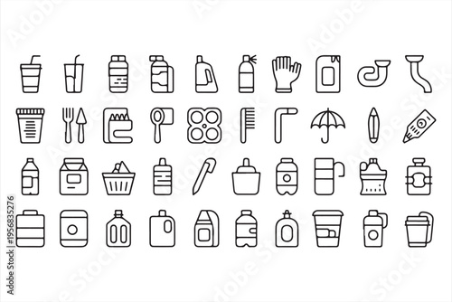 Cleaning and Food Packaging Line Icons for Supermarket and Retail