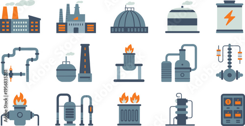 Industrial oil and gas refinery vector illustration with factory tanks pipelines valves processing equipment energy production system and infrastructure icons