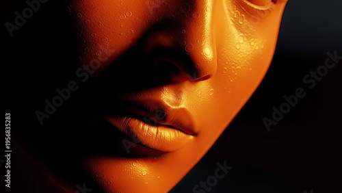 A close-up portrait of a woman's face in dramatic lighting