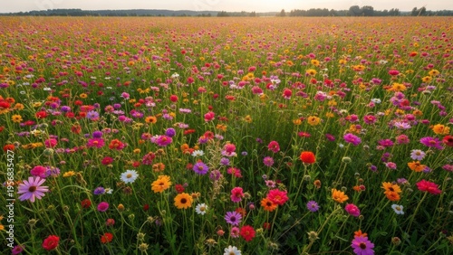 Vast meadow ablaze with colorful wildflowers under a soft, golden sunlight