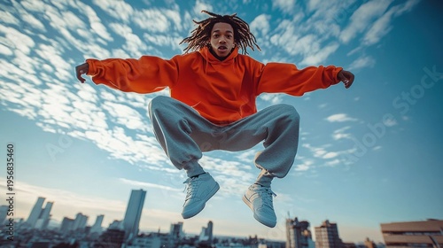 Person in orange hoodie and grey sweatpants leaping mid-air above urban skyline with outstretched arms, white sneakers and dreadlocks, joyful and free-spirited