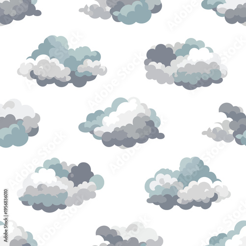 A seamless pattern of stylized clouds in various shades of gray and blue