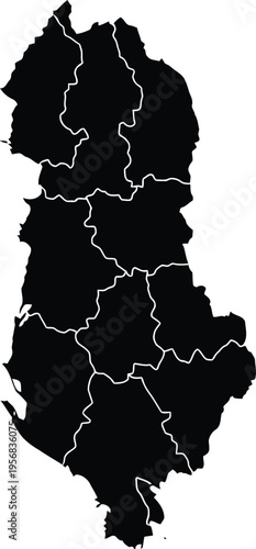 Black silhouette map of albania with internal administrative borders on white background