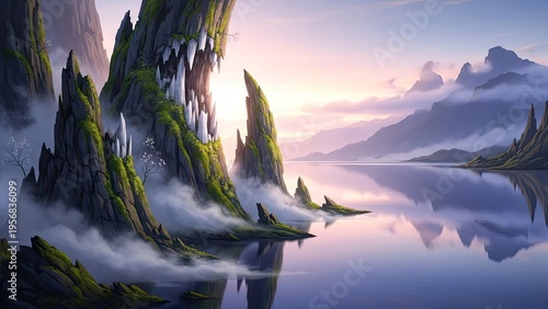 A serene landscape of mossy rock formations by a calm lake at sunrise