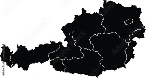 Black silhouette map of austria with white dotted lines showing the administrative state borders.