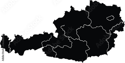 Black silhouette map of austria showing federal states on white background for design.