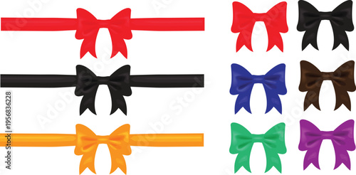 Set of colorful ribbons and bows collection on transparent background for gift boxes design elements red black orange blue green purple and brown decorative silk tapes