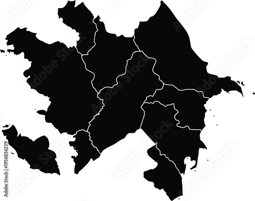 Black silhouette map of azerbaijan with its administrative regions on a white background
