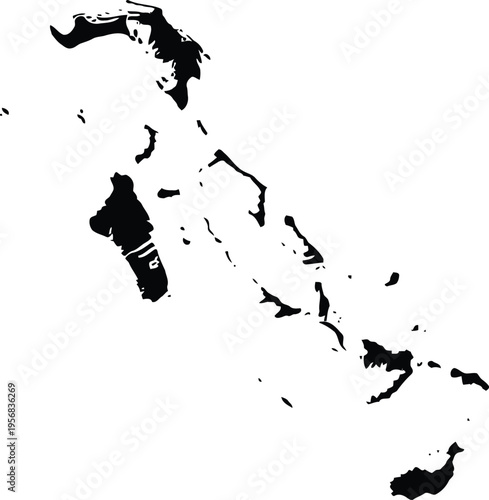 Black silhouette map of the islands of the bahamas isolated on a white background.