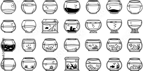 Vector line art set of fish bowls and aquariums, displaying diverse shapes and contents from empty tanks to underwater scenes with fish, plants, and decorations.