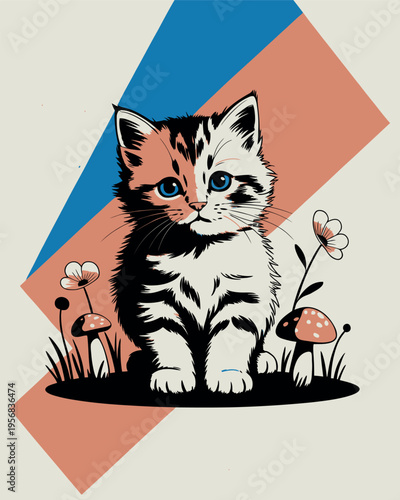 A wide-eyed kitten sits patiently in a minimalist field of stylized mushrooms and delicate flowers. 