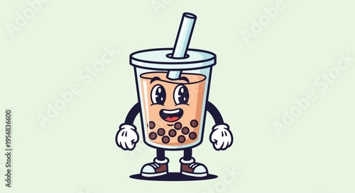 Cartoon boba tea character with smile.