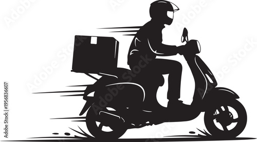 Delivery Rider Silhouette Riding Motorbike with Box Fast
