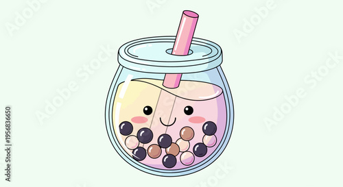 A cute cartoon boba tea with smiling face.