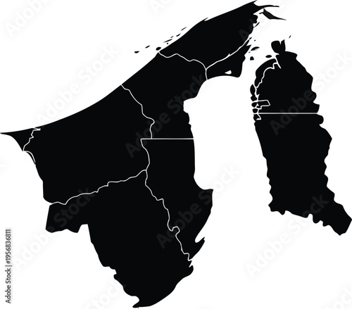 Black silhouette map of brunei darussalam showing its four main districts on a white background.