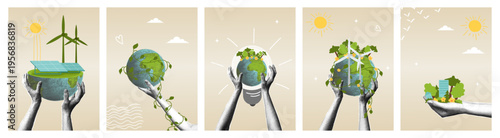 Hands holding the Earth with elements of sustainable energy and nature. Trendy halftone collage. Environmental protection and ecology conservation. Green Planet concept for an Earth Day poster or a