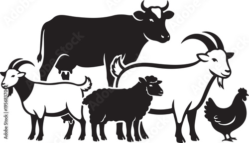 Black and white farm animals illustration with goat cow