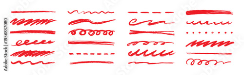 Line pencil red brush set. Line red underline brush pencil pen hand drawn stroke marker highlight.. Doodle scribble ink sketch strike through note sign texture grunge. Vector illustration