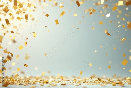 Golden confetti falling gracefully onto a tranquil surface, celebrating a joyous occasion with shimmering elegance and festive delight.