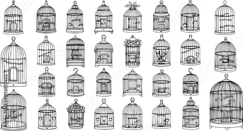 Collection of Hand-Drawn Vintage Birdcages - Detailed Sketch Illustrations of Antique Metal Cages in Various Shapes and Styles, Perfect for Decorative and Retro Designs.