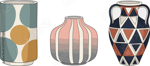 Modern Abstract Ceramic Vase Set with Geometric Patterns and Minimal Shapes, Contemporary Home Decor Elements for Interior Design and Stylish Vector Illustration