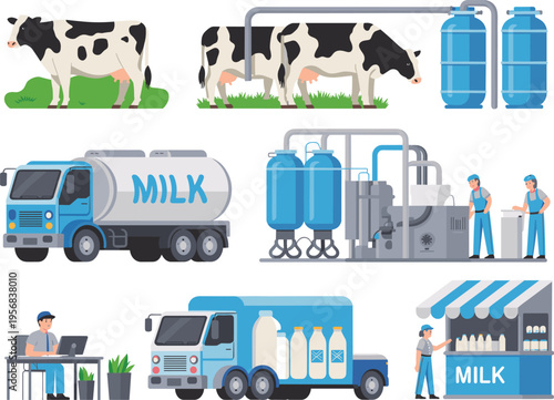 Isometric dairy industry illustration with cows milk tanker processing plant workers delivery truck bottles and retail shop complete production system