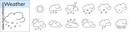 A set of hand-drawn cartoon style weather forecast line icons