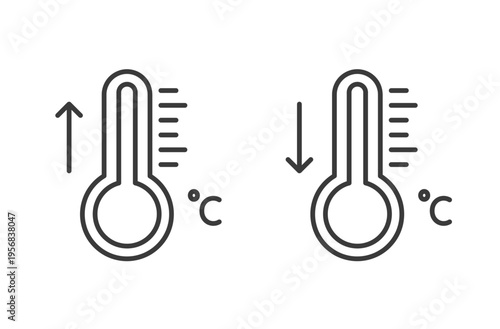 Thermometer rising and falling temperature, weather forecast icons, hand drawn in cartoon style