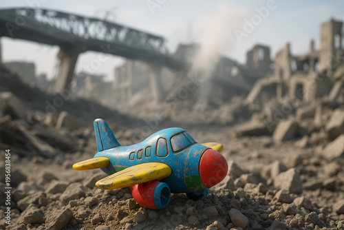 Dust-covered blue toy airplane lying among rubble and broken bridge in war-torn area